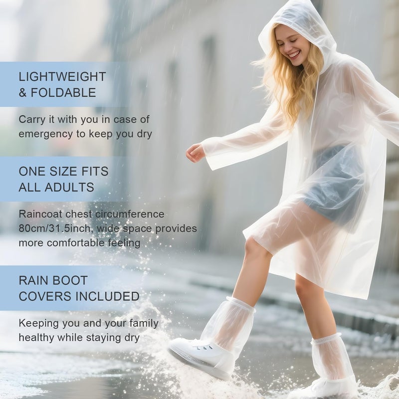 EQUNROY Ponchos Family Pack - 10 Disposable Rain Ponchos with Hoods & 10 Pairs Waterproof Boot Covers(6 Set Adult & 4 Set Kids), Thicker Clear Plastic for Outdoor, Travel, Camping - Image 4